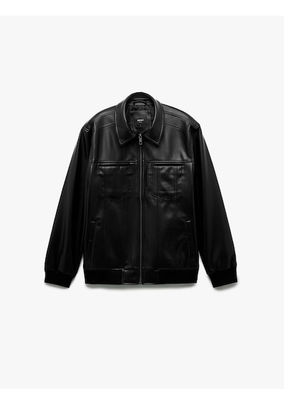 Koton Slim Fit Gömlek Yaka Fermuarlı Cep Detaylı Suni Deri Ceket Siyah 6wam20098hw Siyah