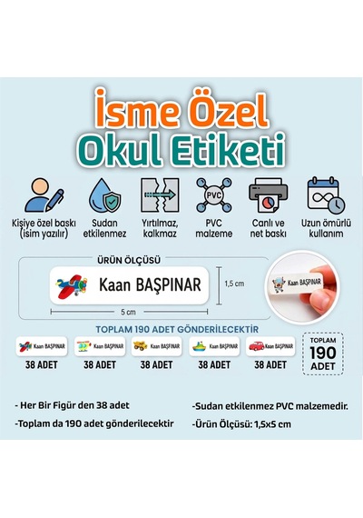 Okul Etiketi Isme Özel Kalem Defter Etiketi Araç Temalı -190 Adet Çok Renkli