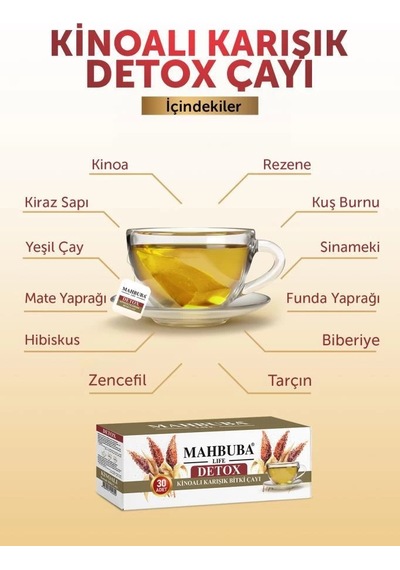 Mahbuba Kinoalı Karışık Detox Diyet Glutensiz Form Bitki Çayı 1 Aylık - 30 Kullanım Net 60gr X 3