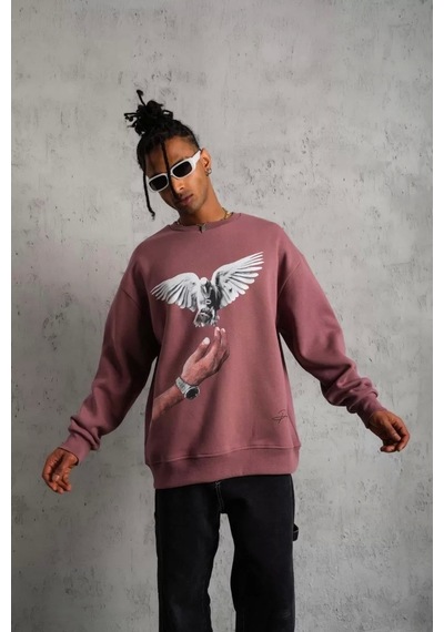 Erkek Güvercin Baskılı Sweatshirt - Gül Kurusu Gülkurusu