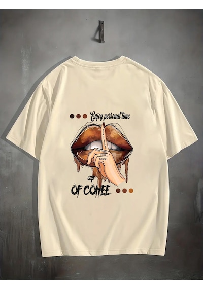 Unisex Enjoy Personel Time Baskılı Tasarım Tshirt Bej