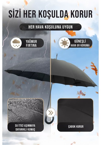 Fithome 16 Tel Fiber Rüzgara Karşı Dayanıklı Protokol Baston Şemsiye Siyah