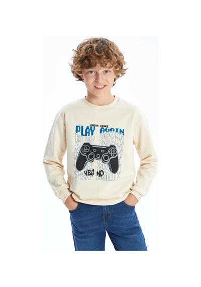 LC Waikiki Lcw Kids Bej Bisiklet Yaka Erkek Çocuk Sweatshirt Ten Rengi