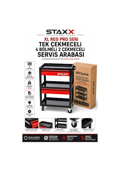 Staxx Xl Red Pro Seri 2 Çekmeceli 4 Bölmeli Profesyonel Alet Servis Arabası Takım Tezgah Arabası