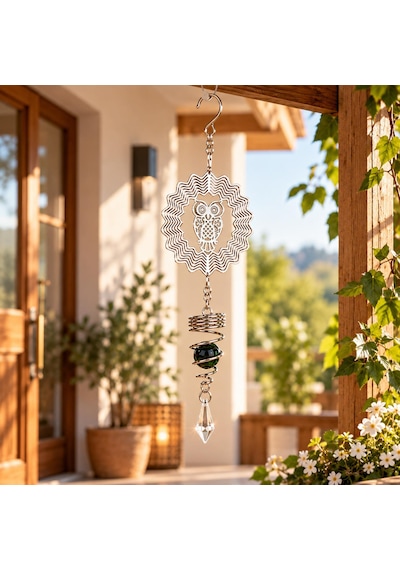 Baykuş Desenli Dekoratif Rüzgar Çanı 36 Cm Metal Gövdeli Kristal Sarkıtlı Balkon Bahçe Pencere Süsü