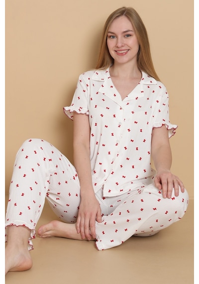 Wordex Mirano 3856 Desenli Bürümcük Gömlek Yaka Düğmeli Kısa Kollu Kadın Pijama Takımı Beyaz Wordex Mirano 3856 Desenli Bürümcük Gömlek Yaka Düğmeli Kısa Kollu Kadın Pijama Takımı Beyaz