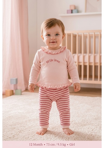 Hafy Baby Little Love Serisi, Fırfırlı Yaka Ve Kalpli Pembe Kız Bebek Takımı Pembe - Beyaz