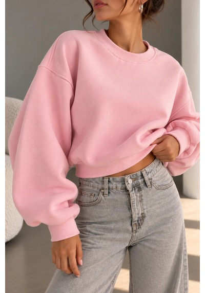 Bbbutikbasic 3 İplik Şardonlu Kısa Sweatshirt Bisiklet Yaka Kadın 3 İplik Şardonlu My3535 Pembe