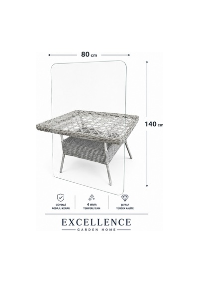 140x80 Cm Ratttan Masa Camı 4 Mm Temperli Şeffaf Bahçe Masa Camı Şeffaf