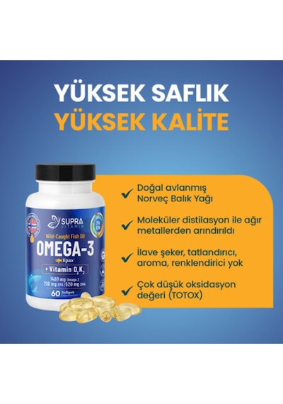 Supra Vitamin Omeg-3 Balık Yağı 1400 Mg Balık Yağı + Vitamin D3 & K2 60 Softgels