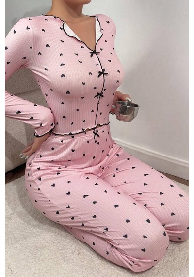 Bella Notte V Yaka Baskılı Fiyonk Detaylı Uzun Pijama Takımı Siyah