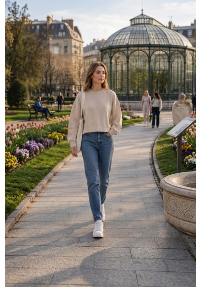 Luxıc Core Kadın Crop Bisiklet Yaka Sweatshirt Pamuklu Yumuşak Dokulu Günlük Spor Sweatshirt Krem