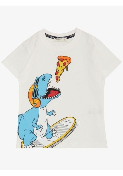 Breeze Erkek Çocuk Pamuklu Pizza Yiyen Dinazor Baskılı Tshirt-14566 Beyaz
