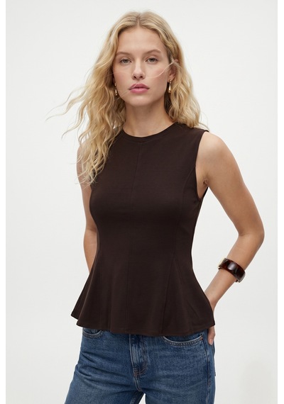 Ritnice Kadın Rowe %100 Pamuk Peplum Sıfır Kol Kahverengi Bluz