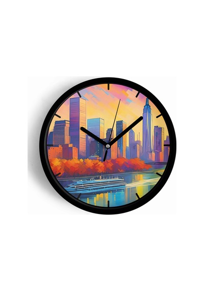 Şehir Silüeti Modern Duvar Saati - 25cm - Önü Camlı Siyah Kasa - Sessiz Mekanizma-jh0768 Siyah