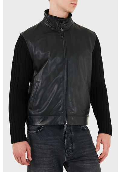 Emporio Armani Deri Dik Yaka Fermuarlı Ceket Erkek Ceket Em007276 Af29262 Uc001 Siyah