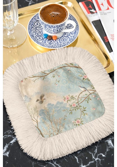 Lüks Kuşlu Çiçekli Püsküllü Sunum Peçetesi-pastoral Vintage Mavi Pembe Krem Bardak Altlığı Mendil Çok Renkli