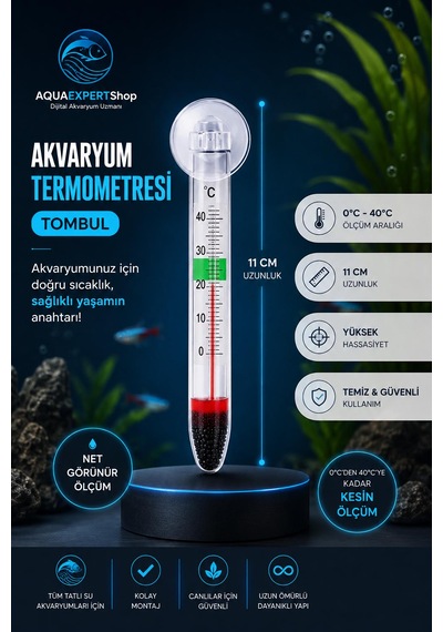Akvaryum Tombul Termometre - Cam Termometre - Hassas Ölçüm - 0/40 Derece Arası Ölçüm - Net Görünüm - Güçlü Vantuz
