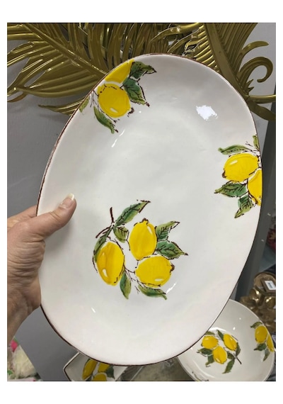 Limon Desenli Porselen Kayık Sunum Tabağı 36x25,5cm Sarı Beyaz Yeşil
