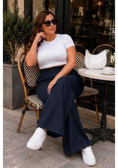 Cedy Denim Kadın Büyük Beden Yüksek Bel Palazzo Pantolon Yazlık İnce Kumaş Terletmez Likralı C633 Lacivert