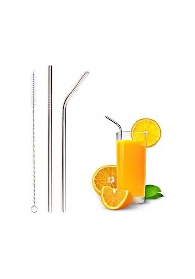 2 Adet Çelik Pipet Ve Temizleme Fırçası 3 Parça Çelik Pipet Seti Düz Pipet Eğik Pipet Ve Temizleme Fırçası 3'lü Set