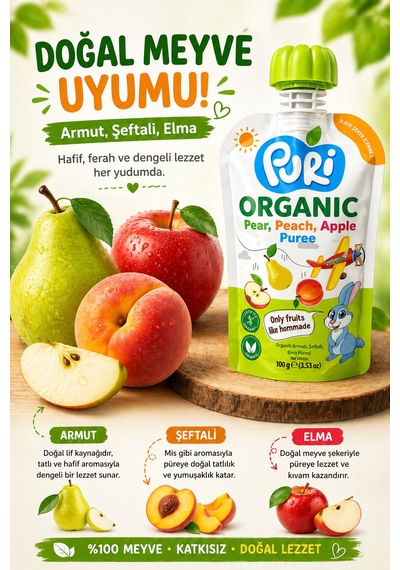 Organic %100 Organik Meyve Püresi Armut - Şeftali Elma 100 G İlave Şekersiz