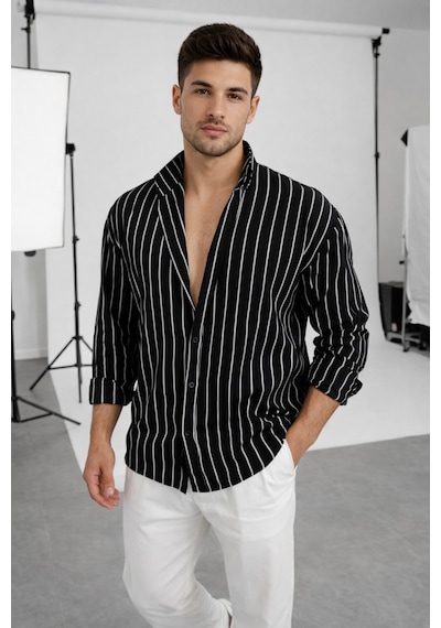 Erkek İki Çizgili Regular Relaxed Fit Uzun Kollu Gömlek Siyah