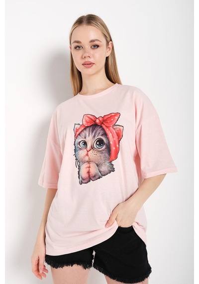 Flood Of Style Kadın Pudra Pembe Kedi Baskılı Oversize Tişört