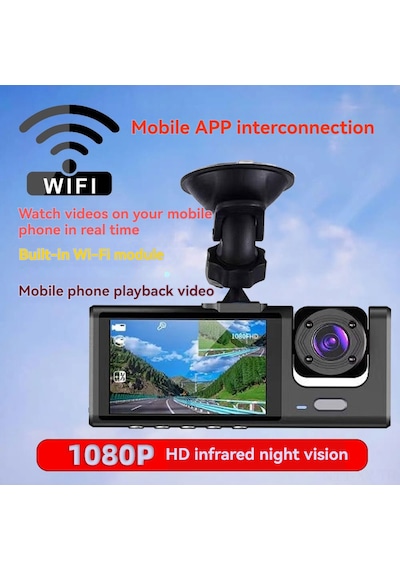 Shineyee "3'lü Kameralı Wifi Araç Kamerası: 1080p Ön + İç + Arka Görüş, Gece Görüşü, Döngü Kayıt, 2 İnç Ekran"