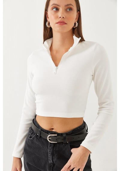 Shade Kadın Balıkçı Yaka Yarım Fermuarlı Fitilli Crop Bluz 60351019 - Beyaz