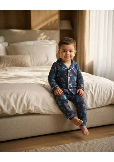 Genel Markalar Mavi Dinazor Baskılı Mevsimlik Pamuklu Bebek Pijama Takımı