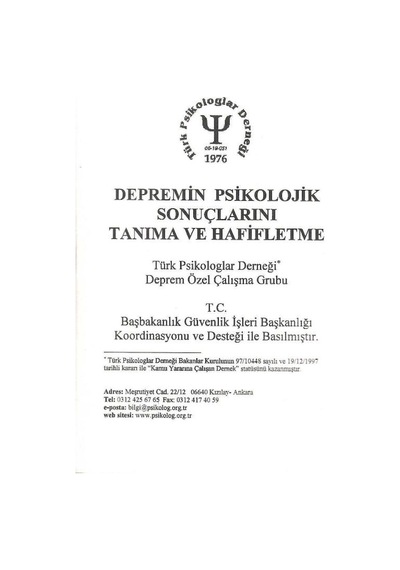 Depremin Psikolojik Sorunlarını Tanıma Ve Hafifletme - Türk Psikologlar Derneği Deprem Özel Çalışma Grubu