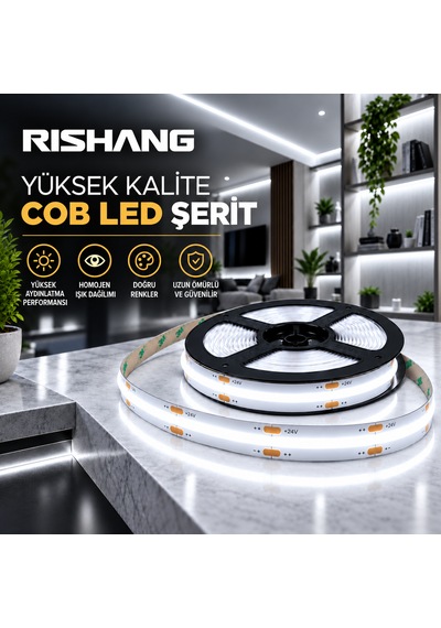 Cob Şerit Led 12v 300 Led/m Crı 90+ Noktasız Aydınlatma Beyaz 6500k 5 Metre