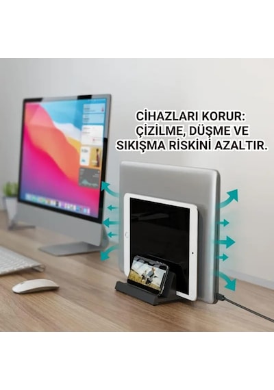 Coofbe 3 Bölmeli Metal Genişlik Ayarlamalı Masaüstü Dikey Apple Uyumlu MacBook Laptop Notebook Standı Telefon Tablet Standı Siyah