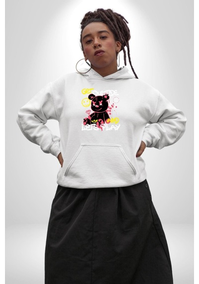 Dışarı Çık Ve Oynayalım Teddy Kadın Erkek Beyaz Kapüşonlu Sweatshirt Hoodie Beyaz