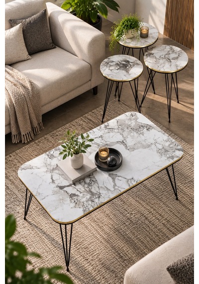 Sulorahome Beyaz Mermer Desenli 4'lü Sehpa Seti - Siyah Metal Ayaklı Beyaz Mermer - Siyah