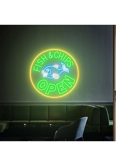Fısh&chıps Open Yazılı Ve Şekilli Neon Tabela Yeşil