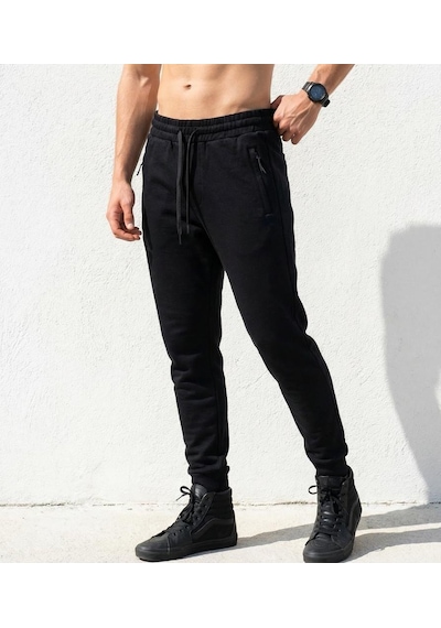Plus Scorpion Erkek Slim Fit Eşofman Altı Pamuklu Kumaş, Fermuarlı Cepli, Rib Paça Siyah