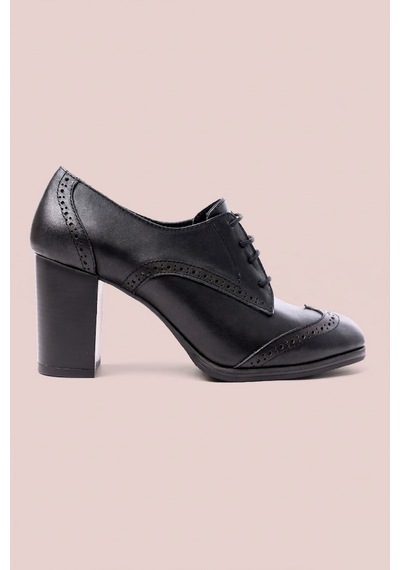 Analin Shoes Kadın Hakiki Deri Bağcıklı Oxford Topuklu Ayakkabı Siyah