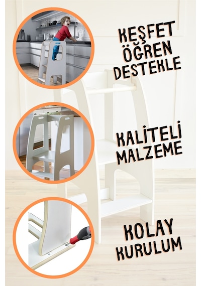 Ahşap Çocuk Öğrenme Kulesi Montessori Mutfak Aktivite Kulesi Beyaz