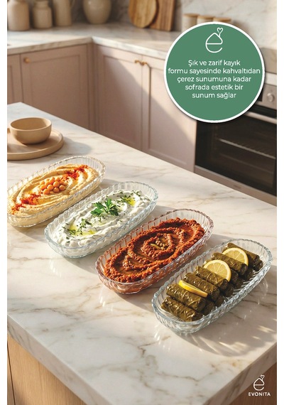 4 Lü Cam Kayık Sunum Tabağı Şeffaf Servis Tabağı Kahvaltılık Meze Çerez Tabak Oval Şık Diğer
