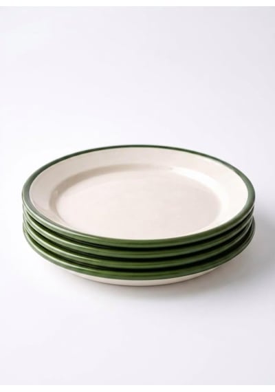 4'lü Emaye Servis Tabağı Seti - 25 Cm Krem Renkli Yeşil Kenarlı Yemek Tabağı Takımı - Retro Nos Krem Yesil