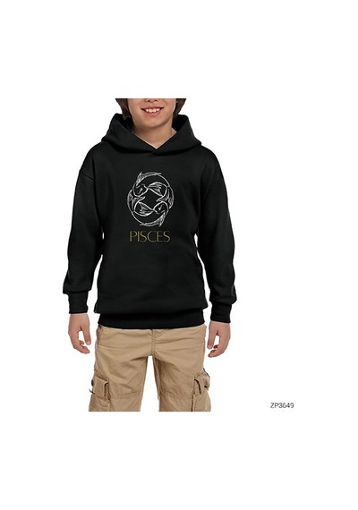 Zepplin Giyim Balık Burç Retro Siyah Çocuk Kapşonlu Sweatshirt