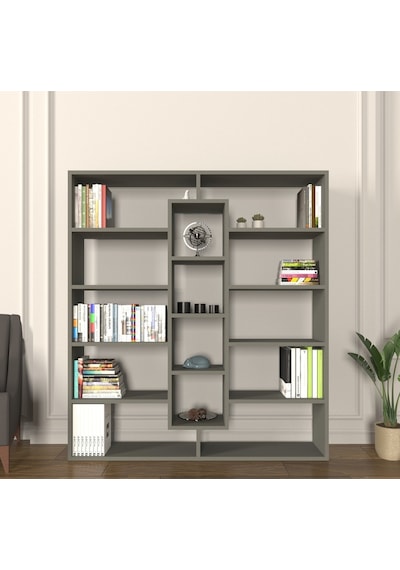 Kiola 14 Bölmeli Dekoratif Açık Tasarım Kitaplık Modern Kitaplık Antrasit