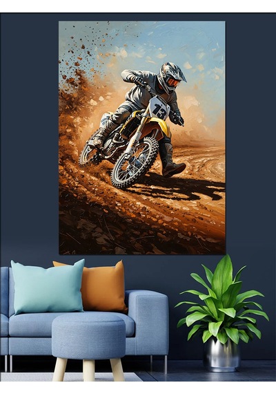 Ahşap Tablo Toprak Yolda Hızlı Motokros Sürücüsü