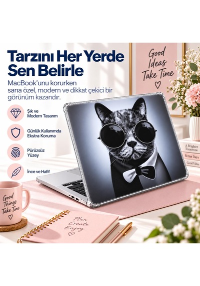 Macbook Pro 13 İnç Kristal Parlak Şeffaf Sert Kılıf Hard Case A2338 M1 M2 A2251 A2289 Uyumlu + Kedi Desenli 3m Sticker + Şeffaf Klavye Koruyucu 3'lü Set Siyah Belirtilmemiş