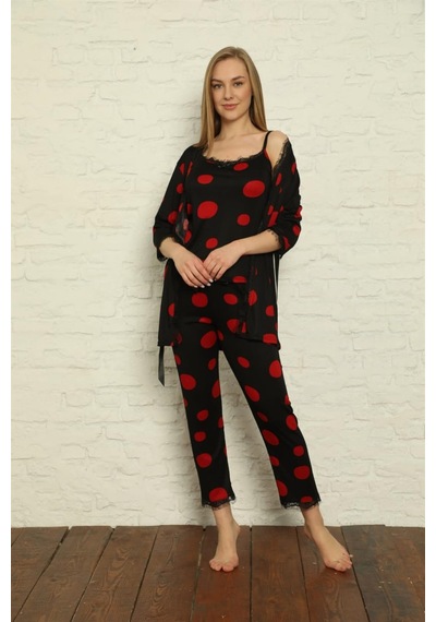 İbrahim Burak Etiler Collectıon Moda Çizgi Kadın 3'lü Sabahlık Pijama Takım 20594 Siyah