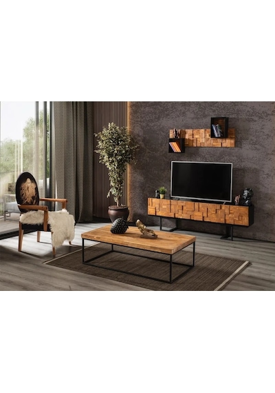 Puzzle 2 Parçalı Tv Ünitesi Doğal Ladin Ahşap