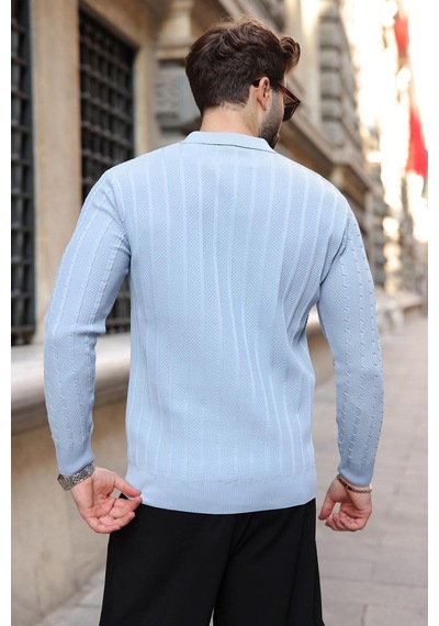 Madmext Bebe Mavisi Polo Yaka Örgü Desenli Triko Erkek Kazak E7507