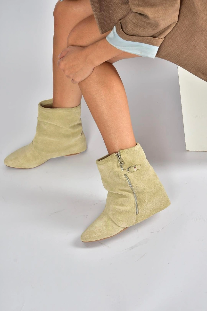 Fox Shoes V380614202 Bej Hakiki Deri Süet Fermuar Detaylı Günlük Kadın Bot Bej-süet
